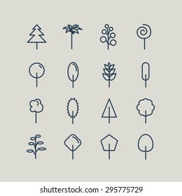 Set of line icons. Trees: palm tree, fir-tree, oak, pine. Vector illustration