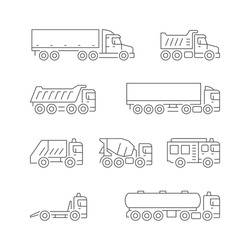 Set Line Icons Of Trucks Isolated On White. Trailer, Dumper, Garbage Truck, Concrete Mixer, Fire Engine, Tow Truck, Tanker. Freight Transportation. Vector Illustration