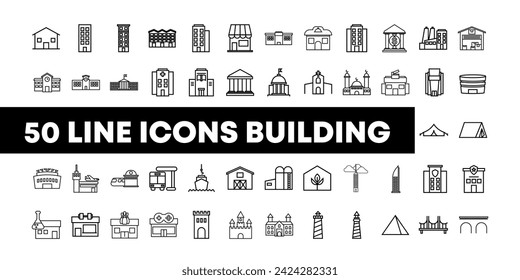 Satz von Liniensymbolen, Gebäudetyp. Haus, Hotel, Restaurant, Bank, Stadion, Fitnessstudio, Wohnung, Schule, Gebäude. Vektorgrafik