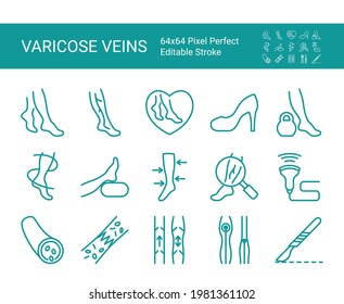 Set of line icons of varicose veins, phlebology. Editable vector stroke. 64x64 Pixel Perfect.