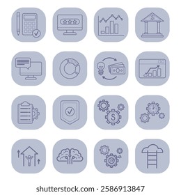 Set of line icons of various business activities. Finance, analytics, technology, and management elements designed for professional use