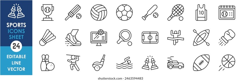 A set of line icons with various sports. Football, cricket, volleyball, tennis, chess and so on. Vector outline icons set.