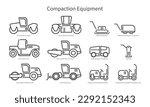 Set of line icons of various types compaction equipment machinery that applies downward pressure on dirt, soil or gravel to compress the ground and fill in air pockets. Each icon labeled with text des