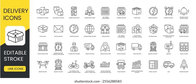 Set of line icons vector delivery methods with editable stroke, planned and order pickup point, eco friendly and energy saving, truck