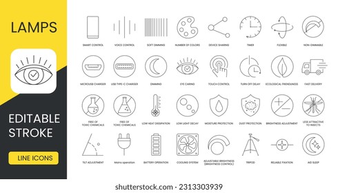 Set of line icons in vector for lamp packaging, technical specifications illustration, voice control and smart control, soft dimming and number of colors, free of toxic chemicals. Editable stroke.