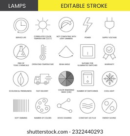 Set of line icons in vector for lamp packaging, technical specifications illustration, correlated color temperature, cct and service life, power and not compatible with light dimmers. Editable stroke.