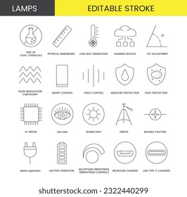 Conjunto de iconos de línea en vectores para el embalaje de lámparas, ilustración de especificaciones técnicas, baja disipación de calor, dimensiones físicas y sin productos químicos tóxicos, ajuste de inclinación. Trazo editable.