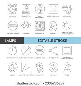 Conjunto de iconos de línea en vector para el embalaje de lámparas, ilustración de especificaciones técnicas, vida útil y para uso en interiores, dimensiones físicas y sin productos químicos tóxicos, cargador usb. Trazo editable.