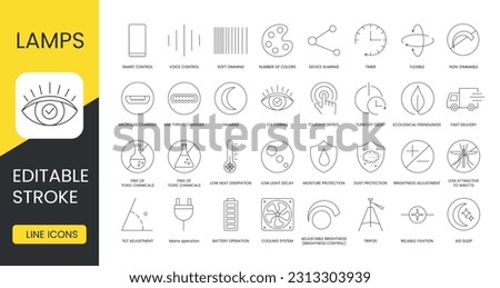 Set of line icons in vector for lamp packaging, technical specifications illustration, voice control and smart control, soft dimming and number of colors, free of toxic chemicals. Editable stroke.
