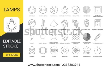Set of line icons in vector for lamp packaging, technical specifications illustration, constant led flux and service life, energy saving and wide range of dispersion, mercury free. Editable stroke.