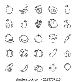 Set of line icons of vegetables,  fruits and berries on white background, vector illustration