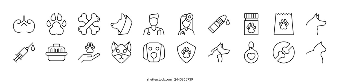Set of line icons of veterinary. Editable stroke. Simple outline sign for web sites, newspapers, articles book
