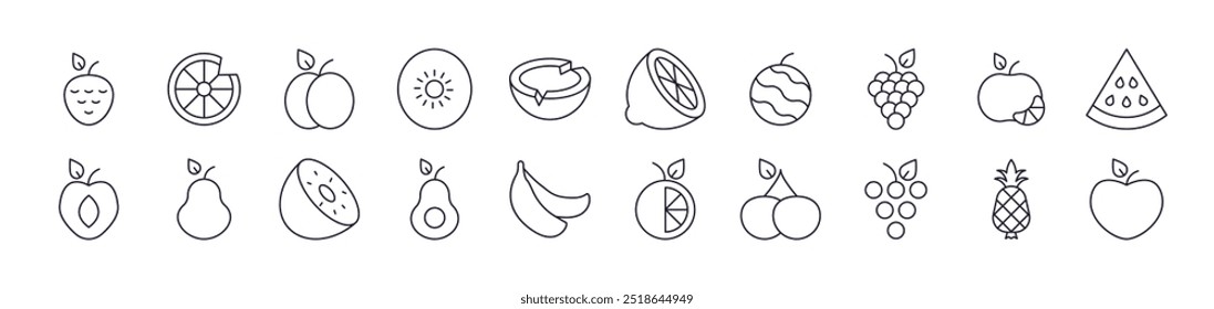 Set of Line Icons of Watermelon, Coconut, Grape and Other Fruits. Editable Stroke. Minimalistic Linear Pictogram for Design of Cards, Apps, Banners, Posts