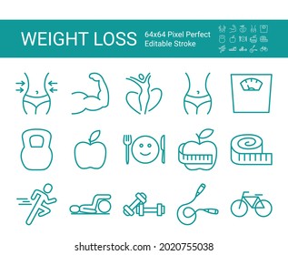 Set of line icons of weight loss. Editable vector stroke. 64x64 Pixel Perfect.