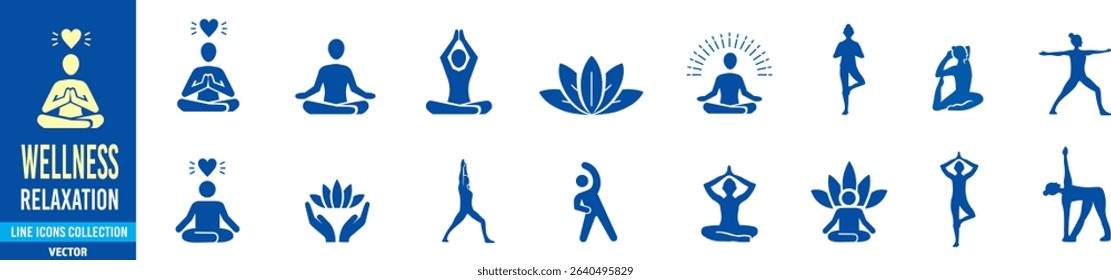 Set of line icons wellness, wellbeing, healthcare, healthy, mental health, spa, medical. Editable stroke icons illustration collection Vector