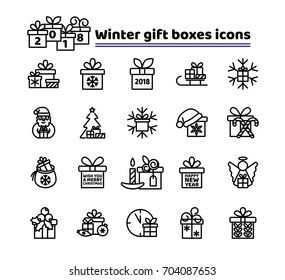 Set of line icons. Winter gift boxes. Christmas and New Year holidays symbols with packing box. Snowflake, tree, angel, Santa Claus, 2018, inscriptions etc. Editable strokes. Vector illustration.