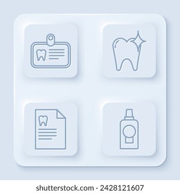 Tarjeta de identificación con diente, concepto de blanqueamiento dental, portapapeles con tarjeta dental y botella de plástico de enjuague bucal. Botón cuadrado blanco. Vector