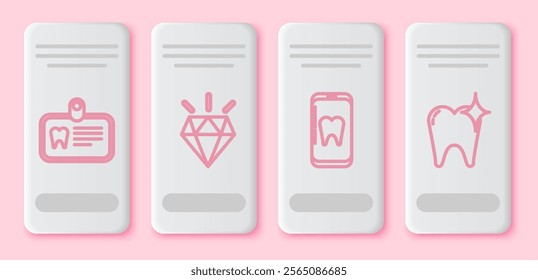 Set line Id card with tooth, Diamond teeth, Online dental care and Tooth whitening concept. White rectangle button. Vector