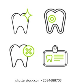 Set line Id card with tooth, Tooth caries,  and whitening concept icon. Vector