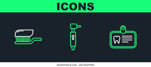 Set line Id card with tooth, Toothbrush toothpaste and drill icon. Vector