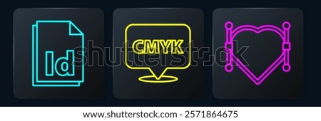 Set line ID File document, Heart with Bezier curve and Speech bubble with text CMYK. Black square button. Vector