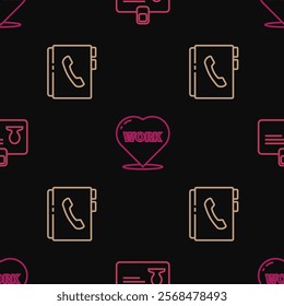 Set line Identification badge, Address book and Heart with text work on seamless pattern. Vector