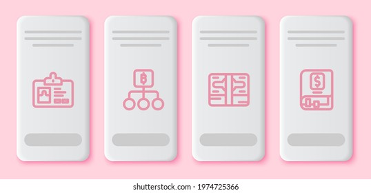 Set line Identification badge, Blockchain technology Bitcoin, Stacks paper money cash and Financial book. White rectangle button. Vector