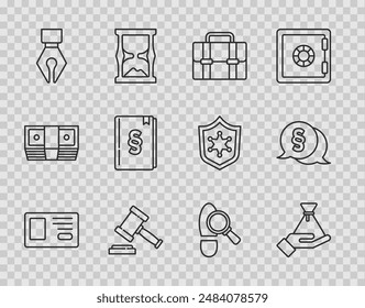 Set line Identification badge, Bribe money bag, Briefcase, Judge gavel, Fountain pen nib, Law book, Footsteps and  icon. Vector