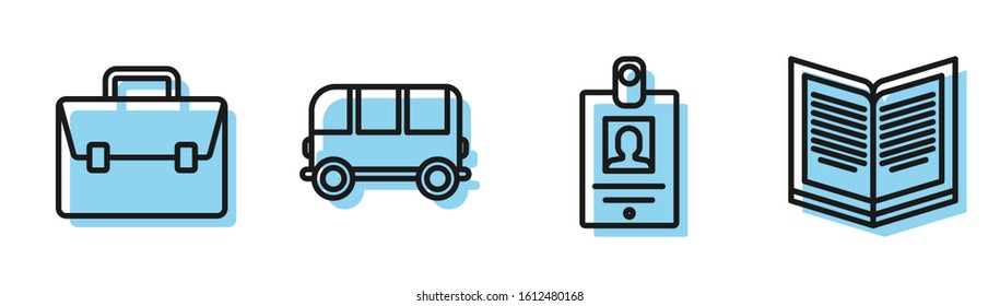 Set line Identification badge, Briefcase, School Bus and Open book icon. Vector
