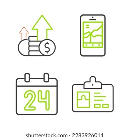 Set line Identification badge, Calendar, Mobile stock trading and Financial growth and coin icon. Vector