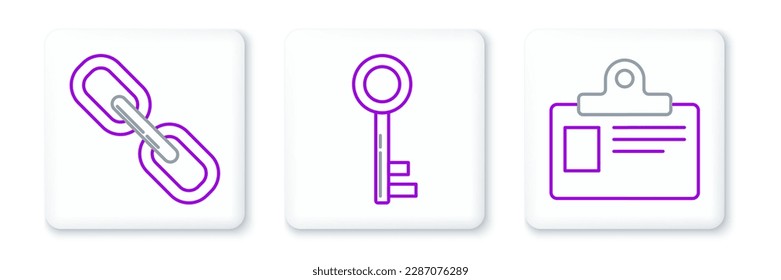 Set line Identification badge, Chain link and Key icon. Vector