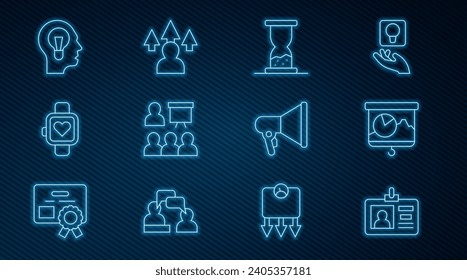 Set line Identification badge, Chalkboard with chart, Old hourglass sand, Training, presentation, Smart watch, Human lamp bulb, Megaphone and Front end development icon. Vector