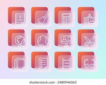 Set line Identification badge, Clipboard with checklist, Online class, Abacus, Earth globe, Calculator, Book mathematics and Ringing bell icon. Vector