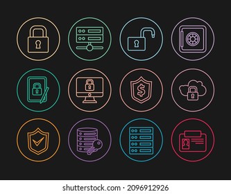 Set line Identification badge, Cloud computing lock, Open padlock, Lock computer monitor, Tablet with closed, Shield dollar and Server, Data, Web Hosting icon. Vector
