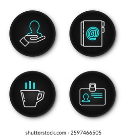 Set line Identification badge, Coffee cup, Address book and Hand for search people icon. Vector