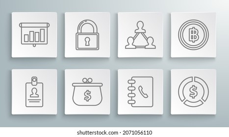 Set line Identification badge, Coin money, Project team base, Cryptocurrency coin Bitcoin and Presentation financial board graph, schedule, chart, diagram, infographic, pie graph icon. Vector