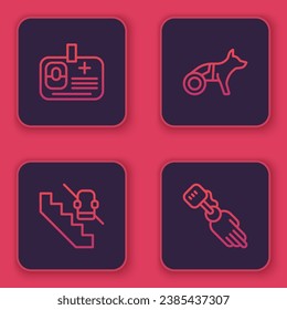 Set line Identification badge, Disabled elevator, Dog in wheelchair and Prosthesis hand. Blue square button. Vector