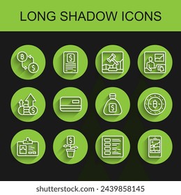 Set line Identification badge, Dollar plant, Cryptocurrency exchange, Business finance report, Mobile stock trading, Credit card, Bitcoin and Money bag icon. Vector