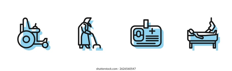Set line Identification badge, Electric wheelchair, Grandmother and Patient with broken leg icon. Vector