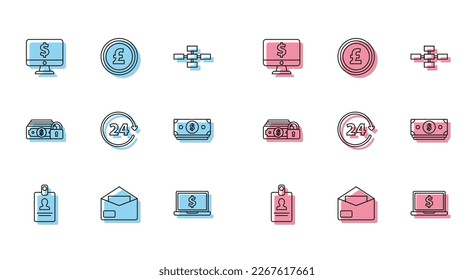Set Line Identification Button, Umschlag, Computerbildschirm mit Dollar Symbol, Laptop, Uhr 24 Stunden, Papiergeld Bargeld, Geld- und Münzpfund Sterling Symbol. Vektorgrafik