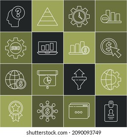 Set line Identification badge, Globe of the Earth and gear, Cursor coin, Time Management, Laptop with graph chart, Seo tag wheel, Human head question mark and Pie infographic dollar icon. Vector