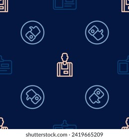Set line Identification badge, Hand like and Seller on seamless pattern. Vector