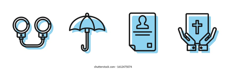 Set line Identification badge, Handcuffs, Umbrella and Oath on the Holy Bible icon. Vector