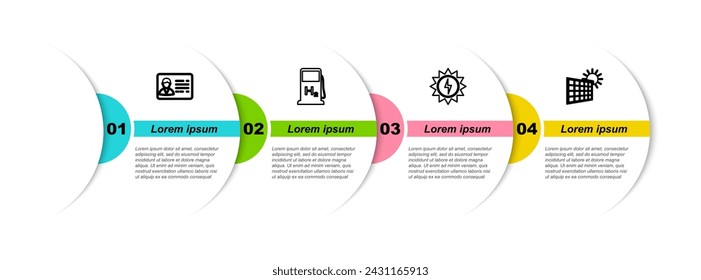 Set line Identification badge, Hydrogen filling station, Solar energy panel and and sun. Business infographic template. Vector