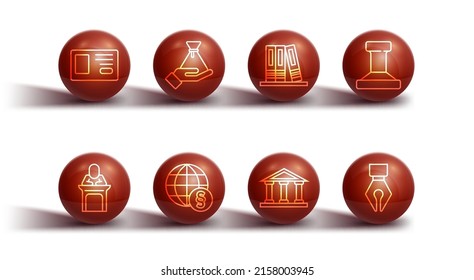 Set line Identification badge, Judge, Stamp, Courthouse building, International law, Bribe money bag, Fountain pen nib and Office folders icon. Vector