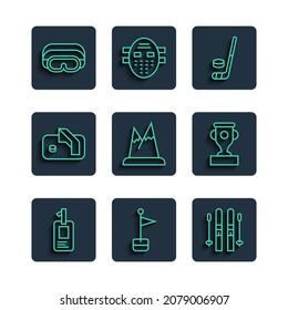Set line Identification badge, Location marker, Ski and sticks, Ice hockey puck, Mountains, goal, goggles and Award cup icon. Vector