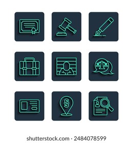 Set line Identification badge, Location law, Paper analysis magnifying, Fountain pen nib, Prisoner, Briefcase, Certificate template and Scales of justice icon. Vector