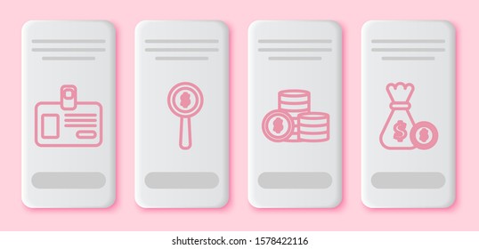 Set line Identification badge, Magnifying glass and dollar symbol, Coin money with dollar symbol and Money bag and coin. White rectangle button. Vector
