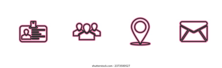 Set line Identification badge, Map pin, Users group and Envelope icon. Vector