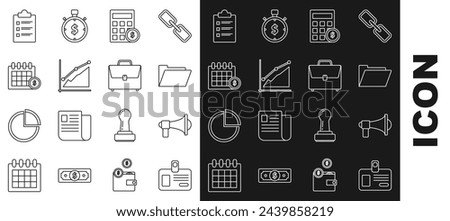 Set line Identification badge, Megaphone, Document folder, Calculator with dollar symbol, Pie chart infographic, Financial calendar, Clipboard checklist and Briefcase icon. Vector